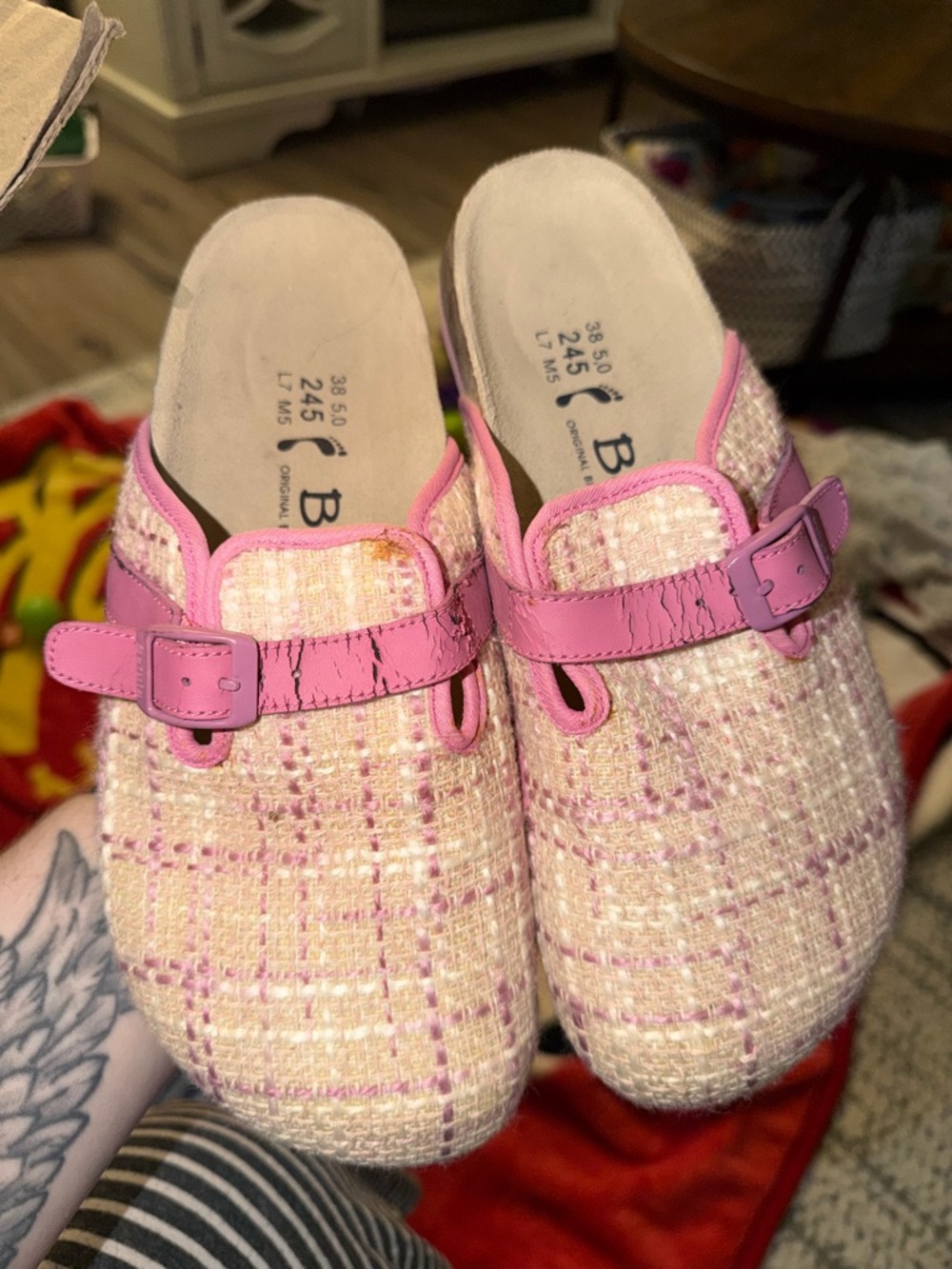 Pink Tweed Slip-On Clog with Buckle